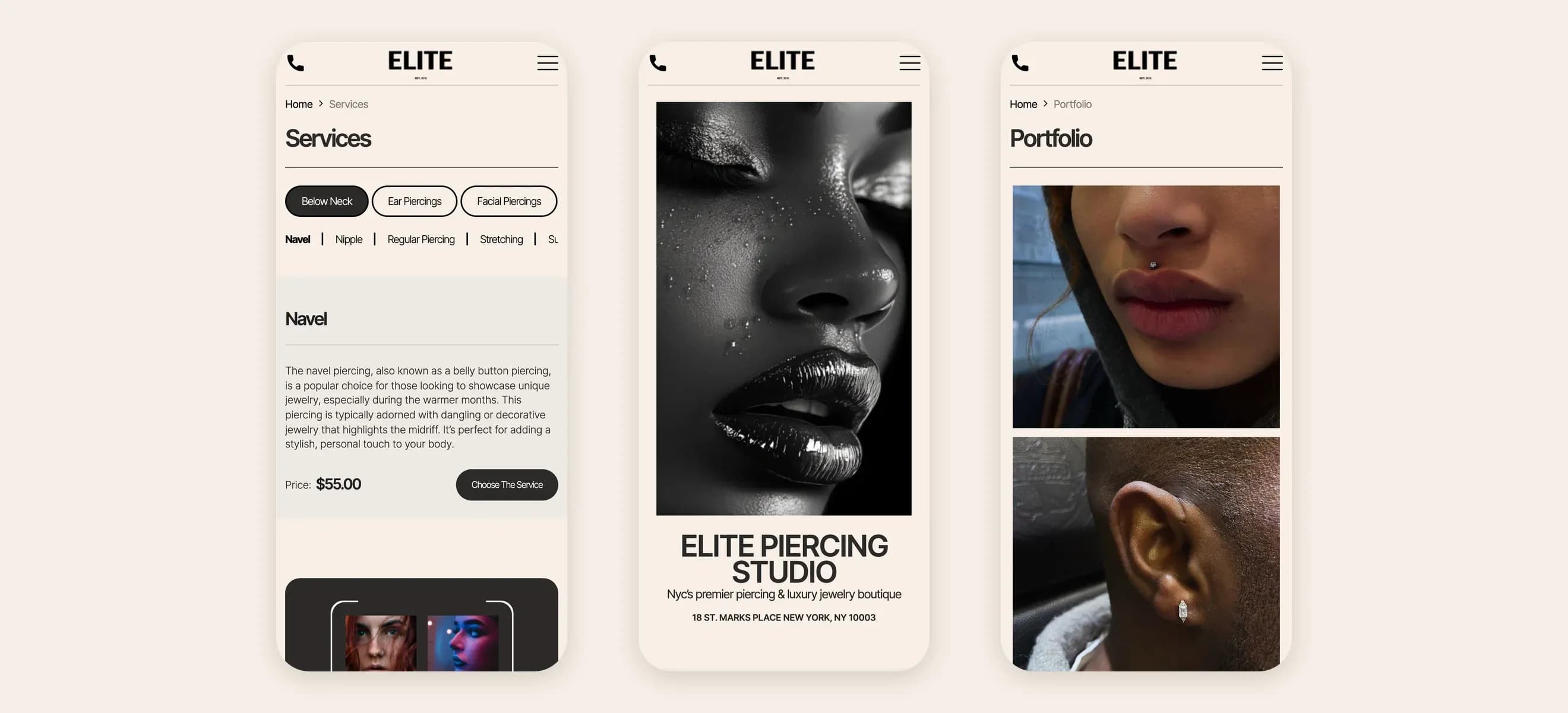 Services, homepage and portfolio of Elite Piercing Studio on phones