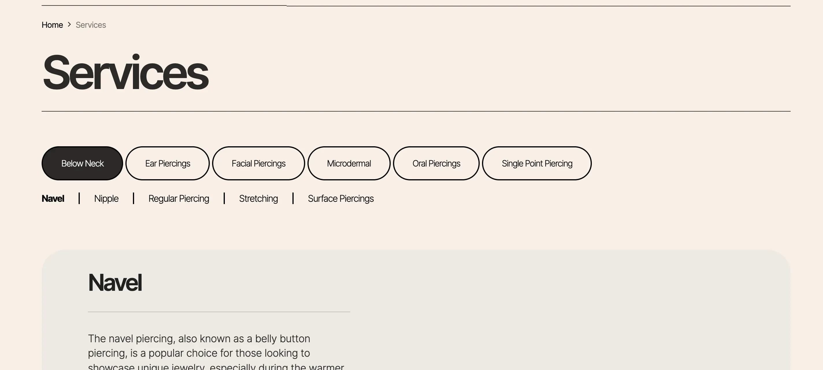 Services page with piercing categories and prices