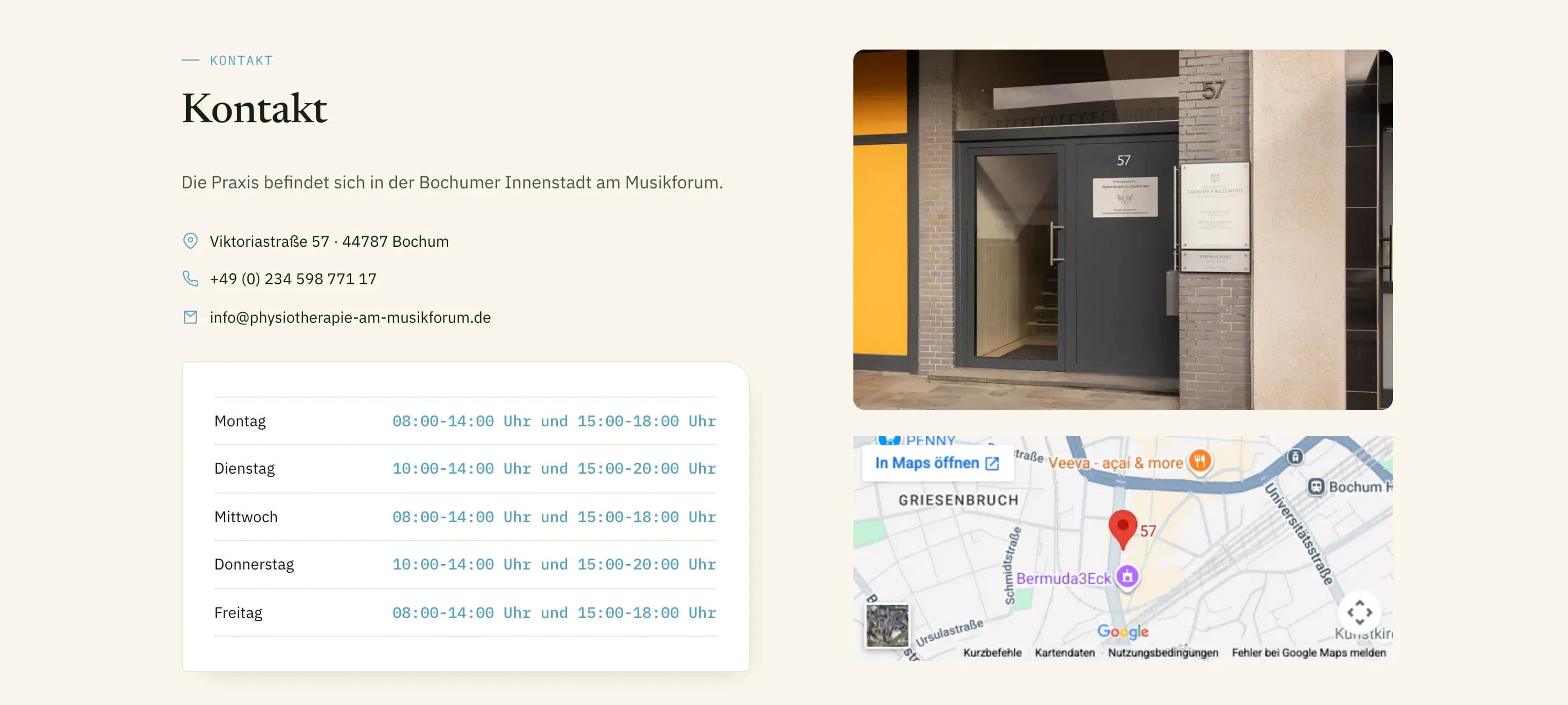Contact page with address, opening hours and the practice entrance
