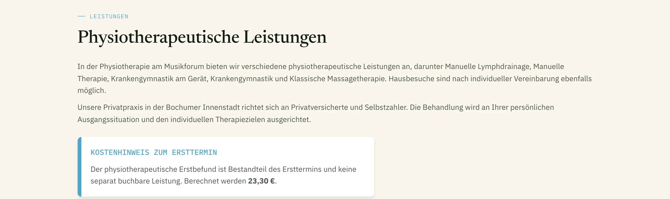 Services page with the first-visit cost note