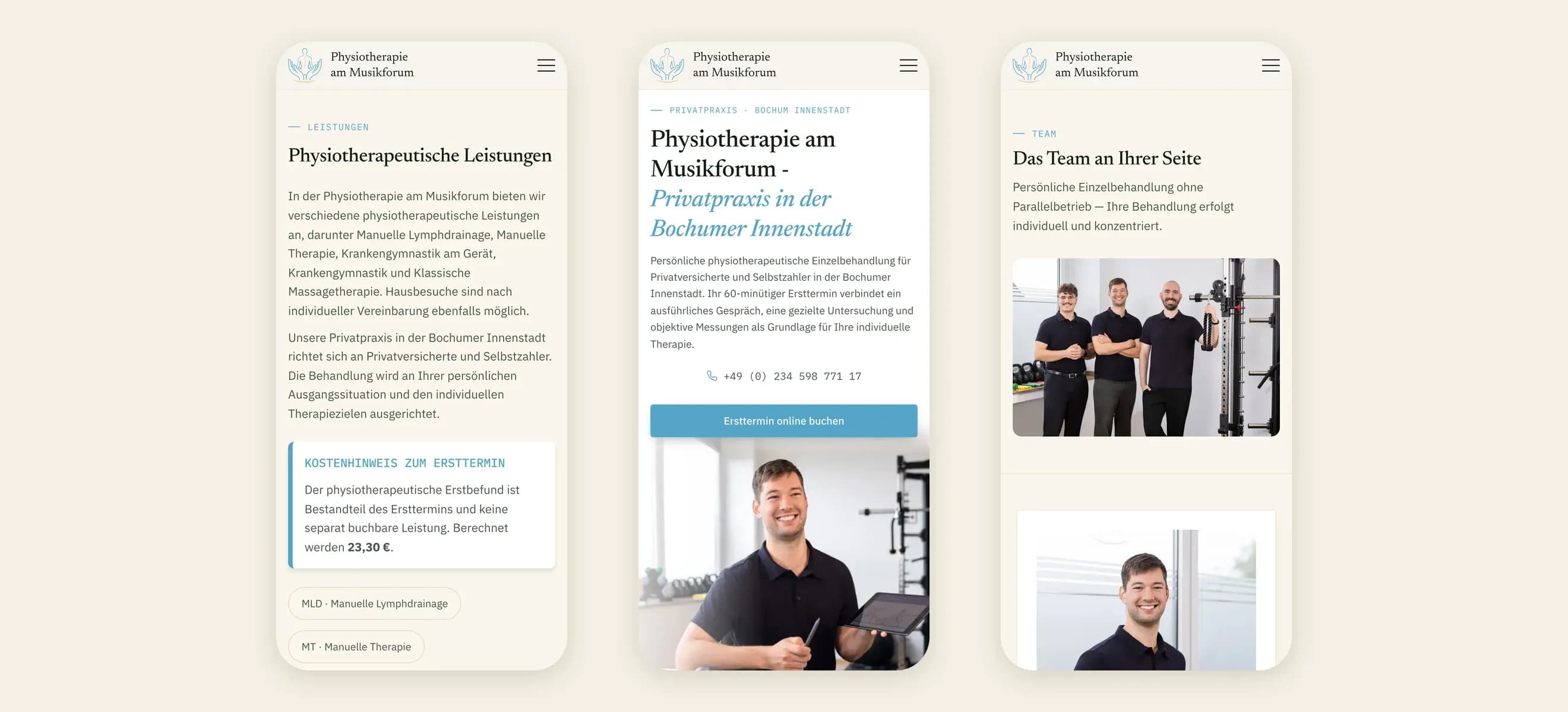 Services, homepage and team pages of Physiotherapie am Musikforum on phones