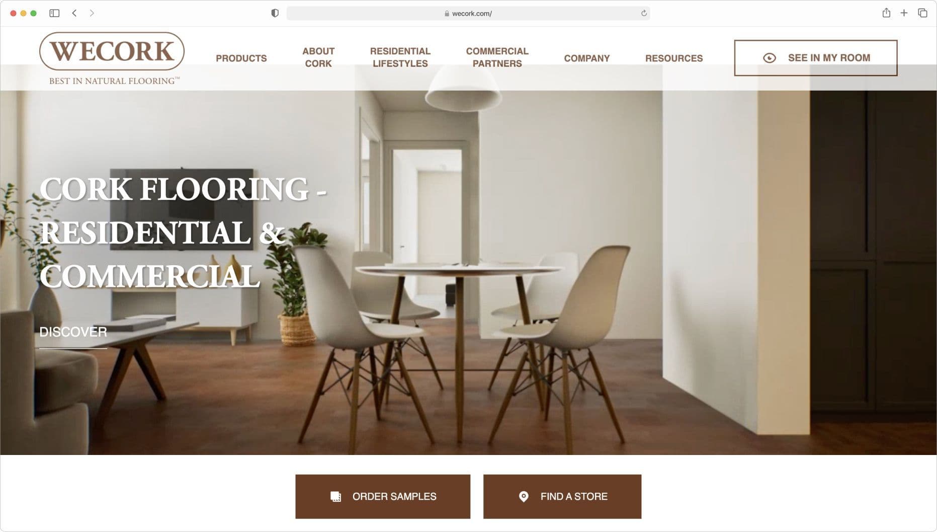 WECORK — cork flooring homepage with sample ordering, store finder and room visualiser entry