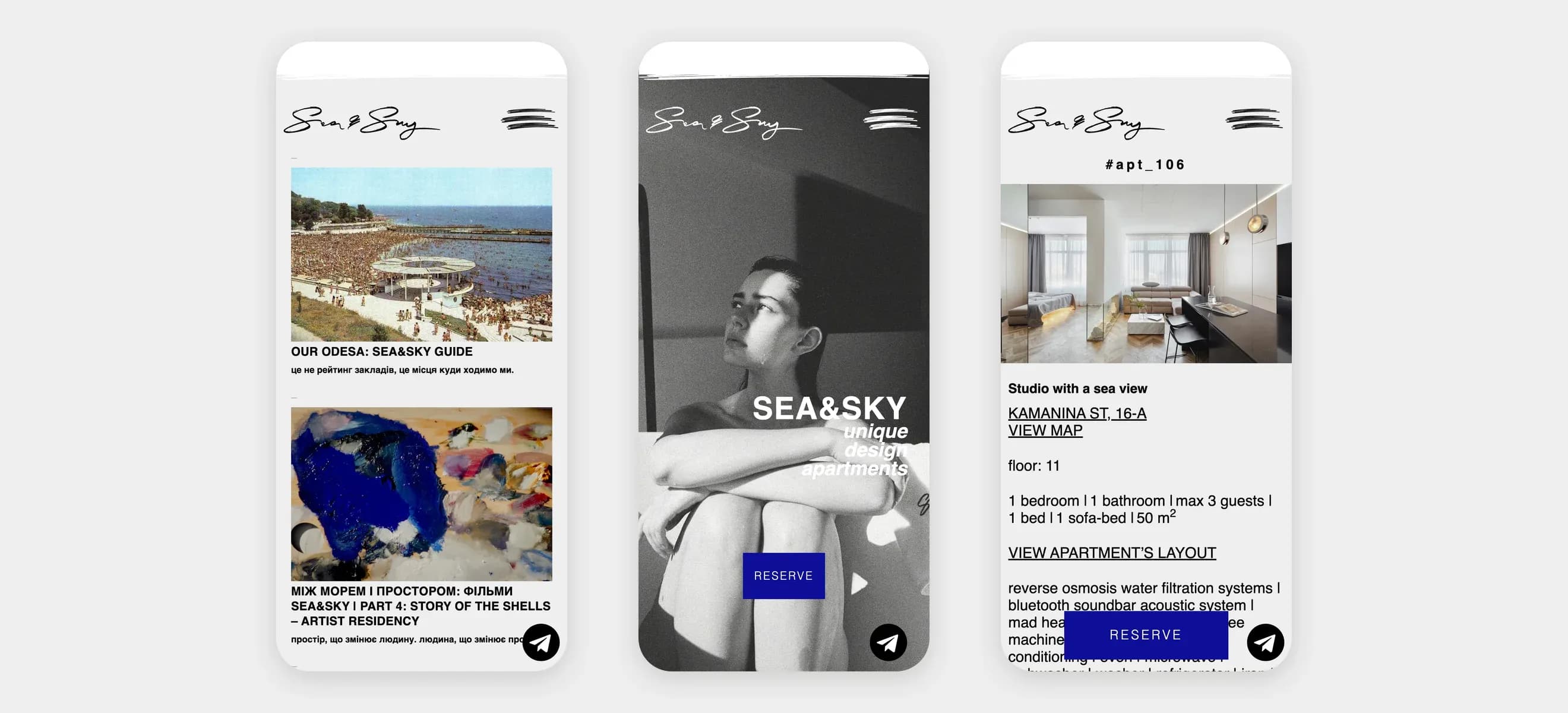 Blog, homepage and an apartment of Sea & Sky on phones