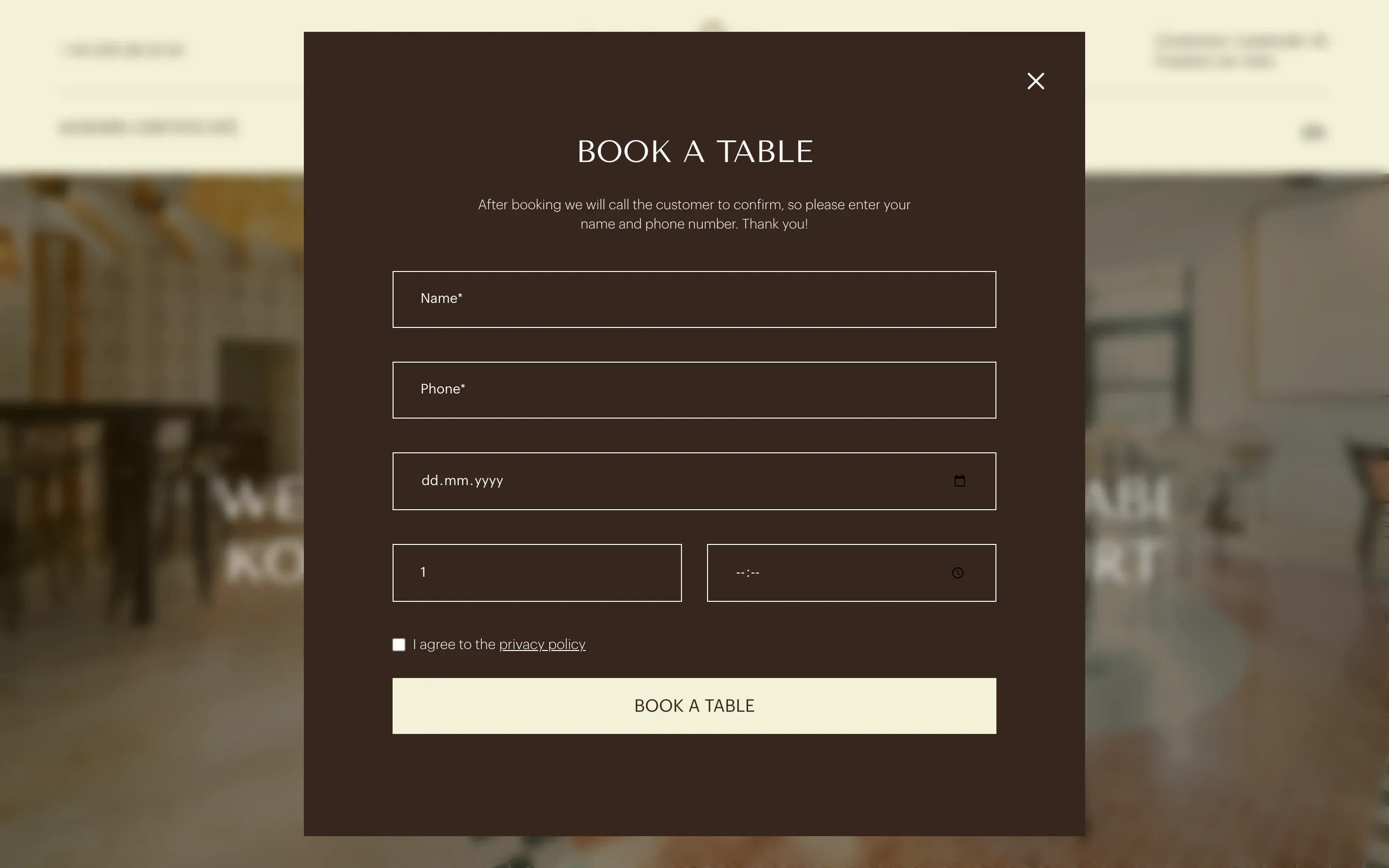 Online table booking form with date, time and number of guests