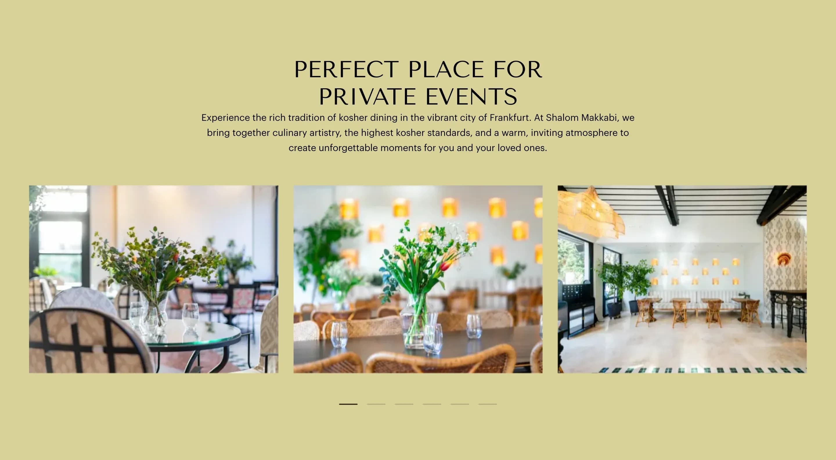 Private events section with photos of the restaurant halls