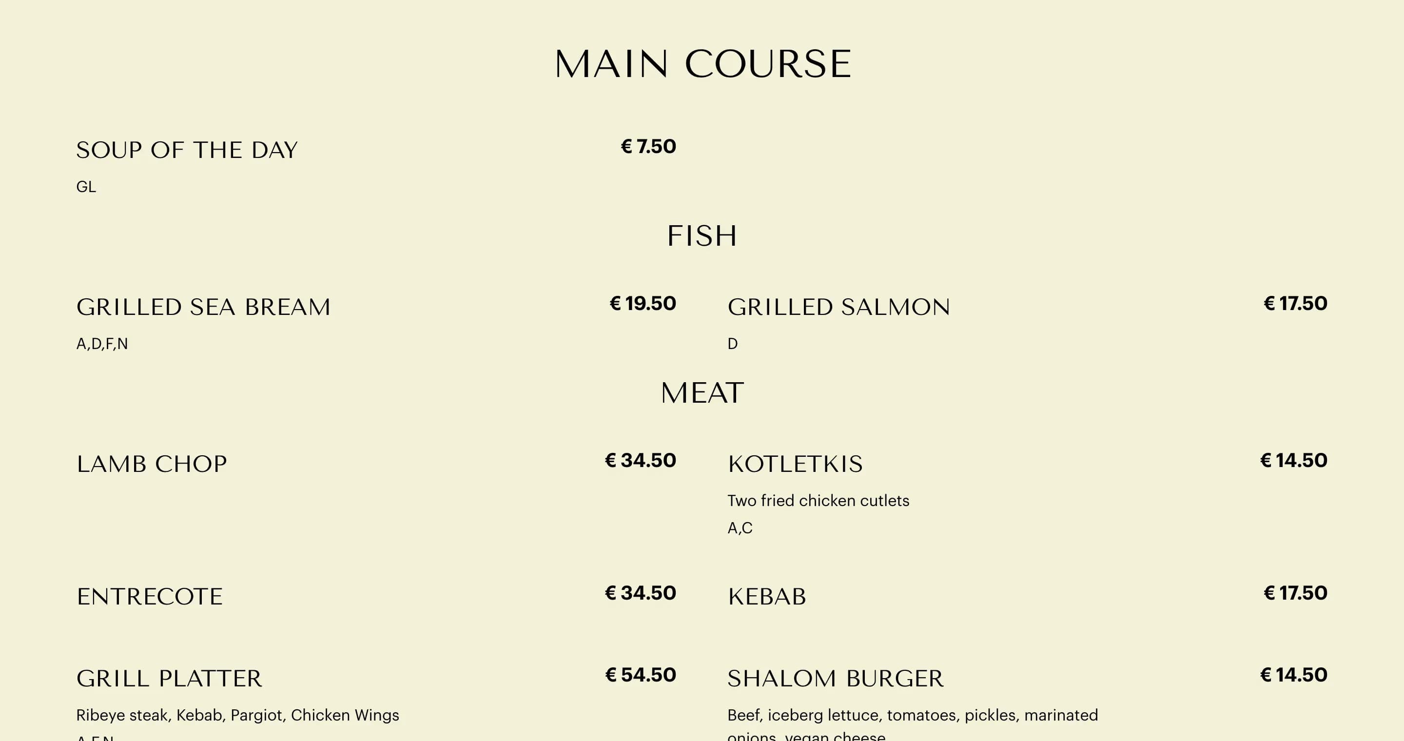Menu page with main courses, prices and allergen codes