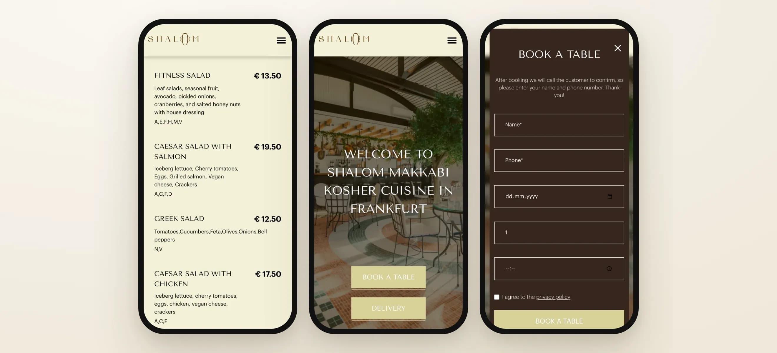 Menu, homepage and table booking form of Shalom Makkabi on phones
