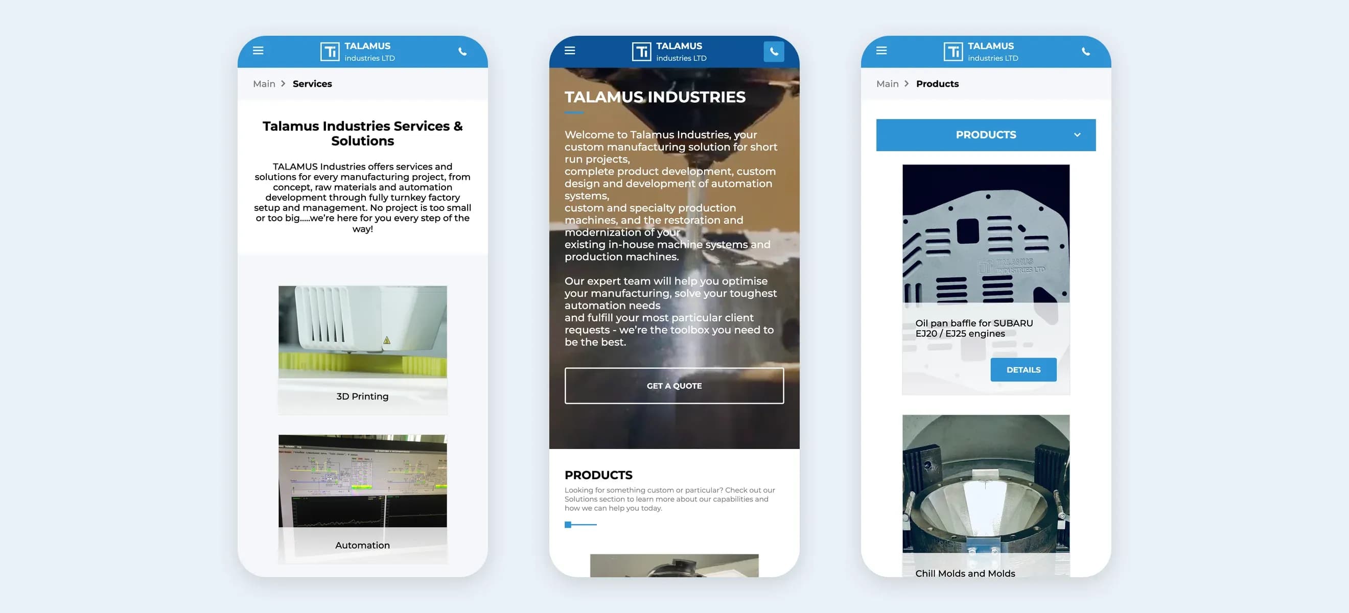 Services, homepage and products of Talamus Industries on phones