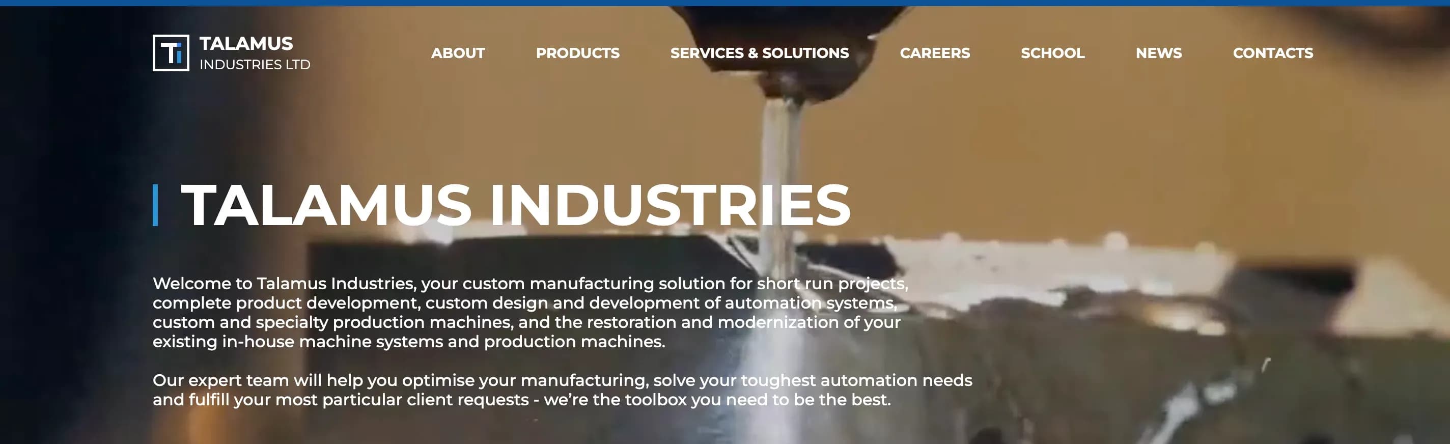 Homepage hero of Talamus Industries