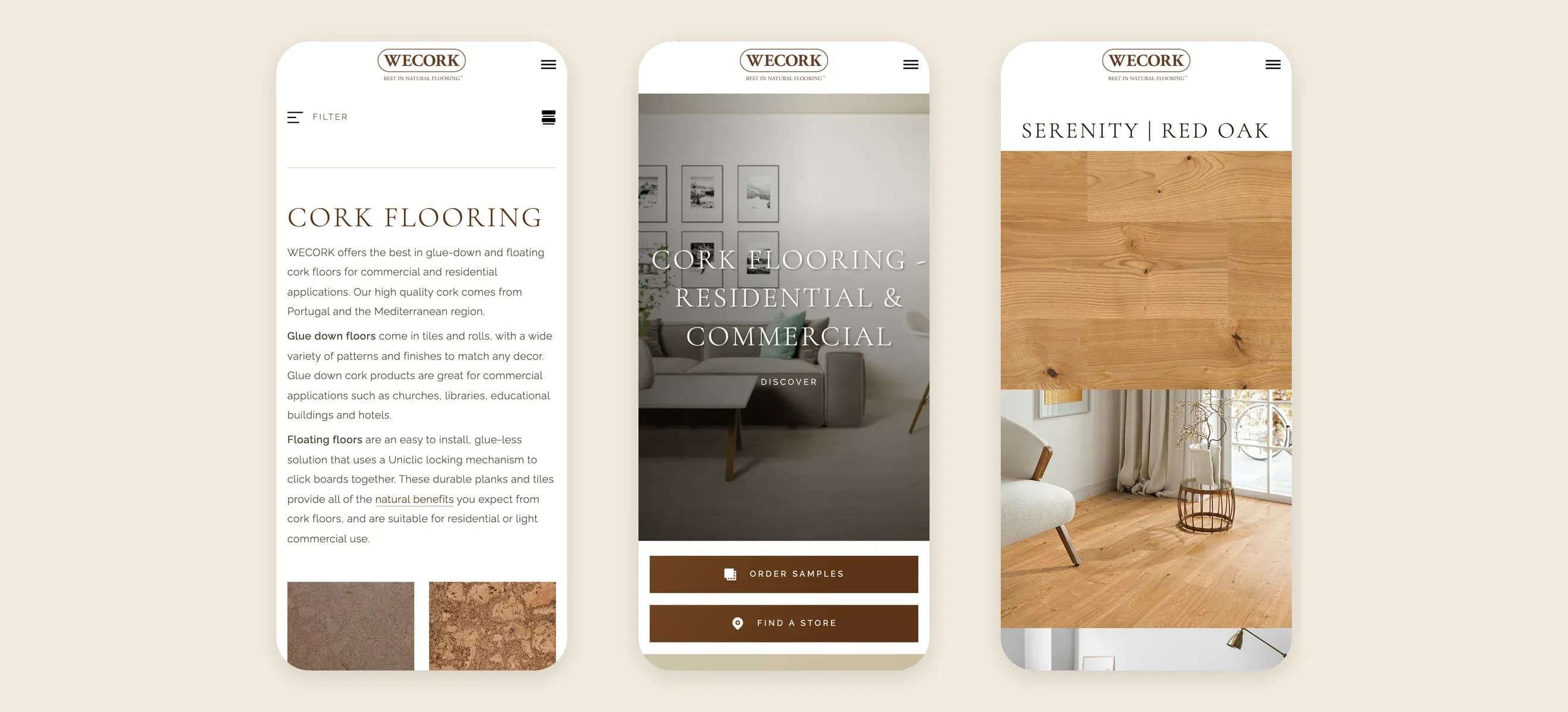 Cork flooring catalogue, homepage and a product page of WECORK on phones
