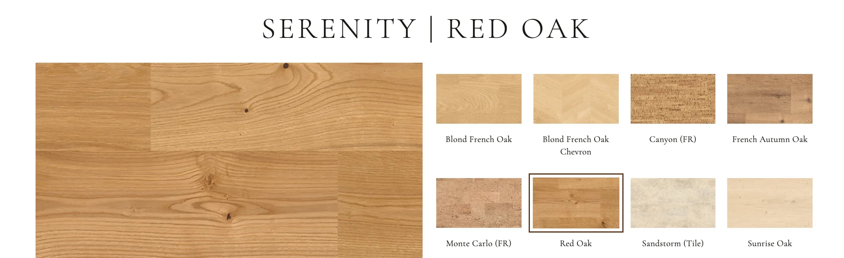 Serenity Red Oak product page with finishes