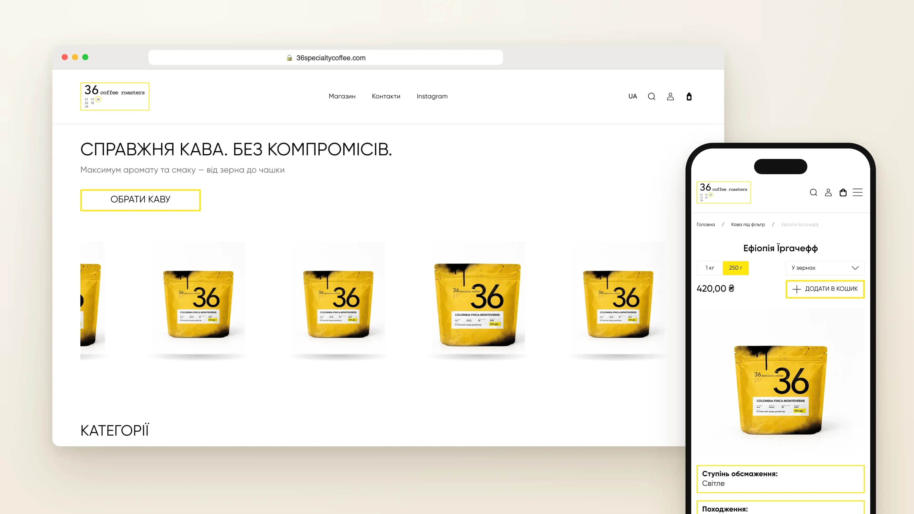 36 Coffee Roasters online store homepage on desktop and product page on mobile