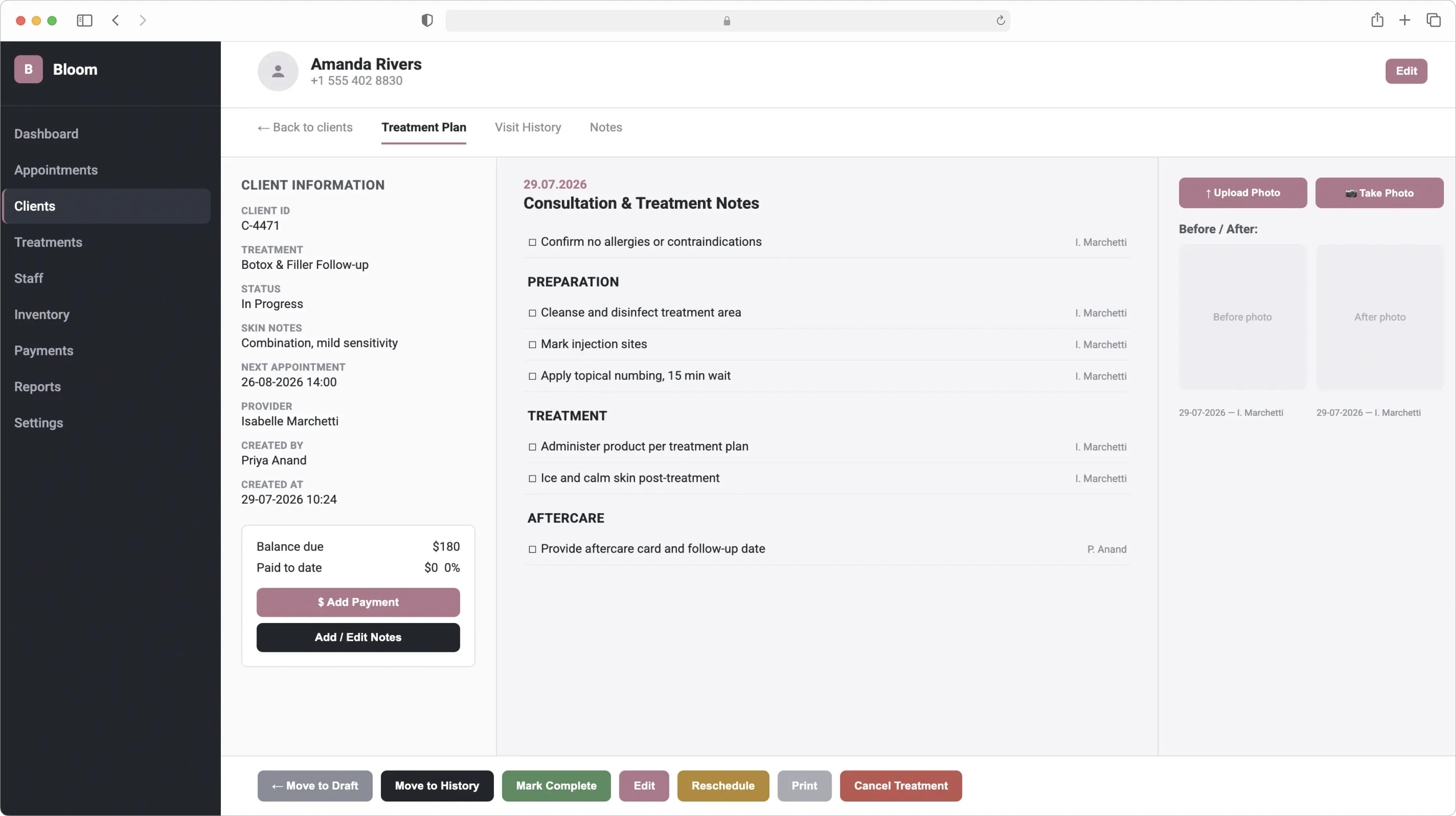 Beauty Salon Management System — client profile with treatment plan and payment status