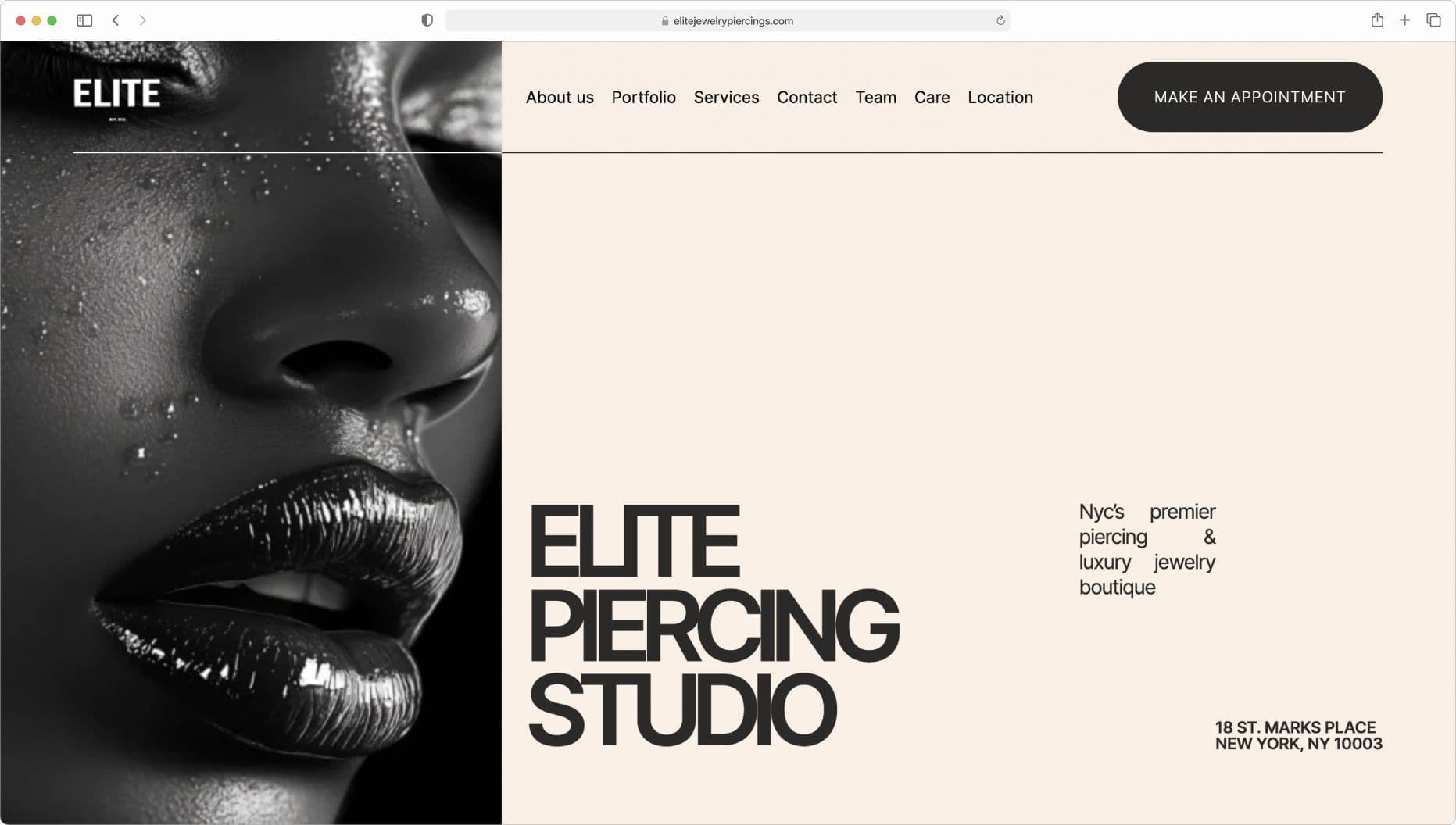 Elite Piercing Studio — homepage of the New York piercing studio with appointment booking button