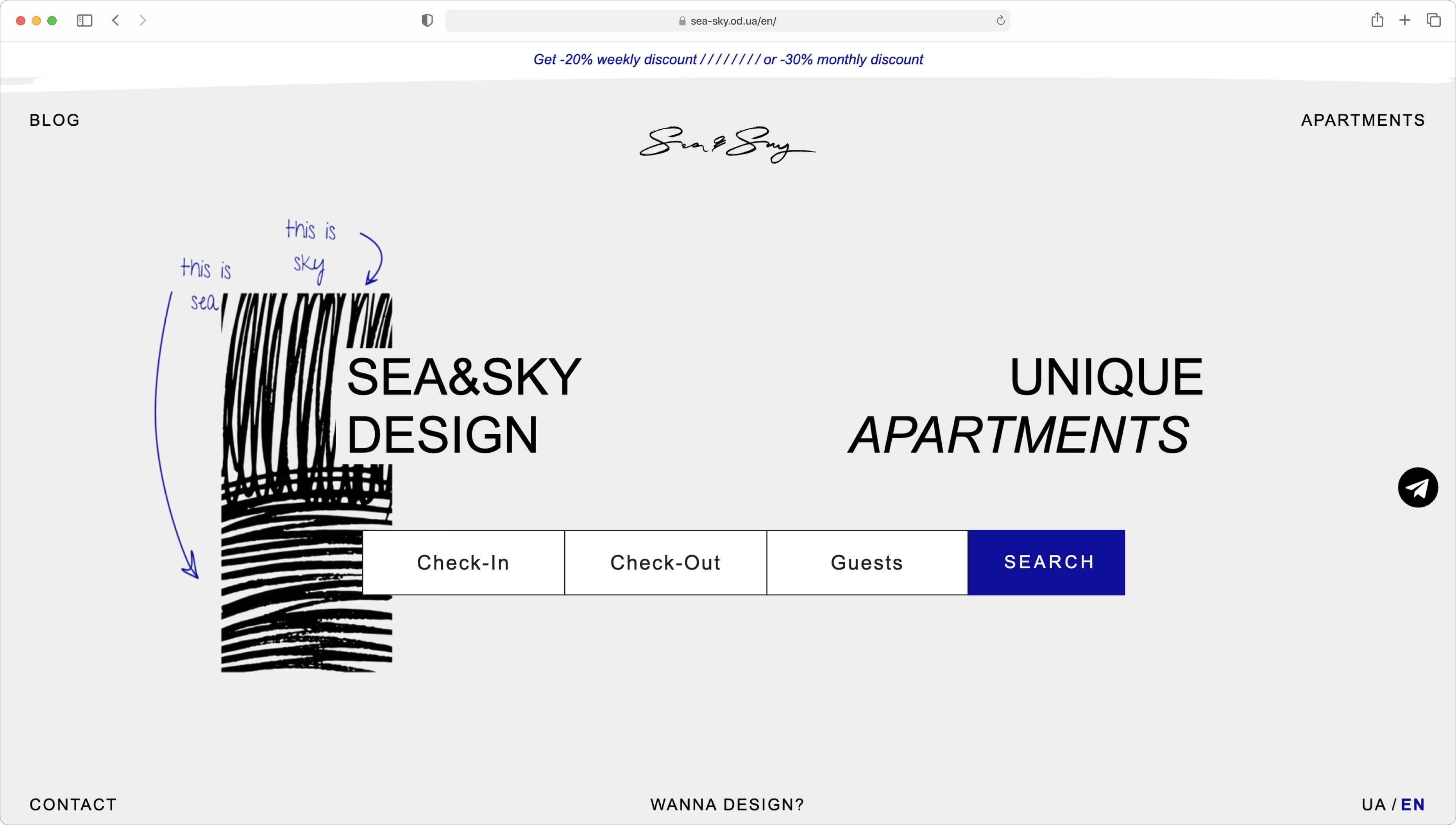 Sea & Sky — apartment rental homepage with check-in, check-out and guests availability search