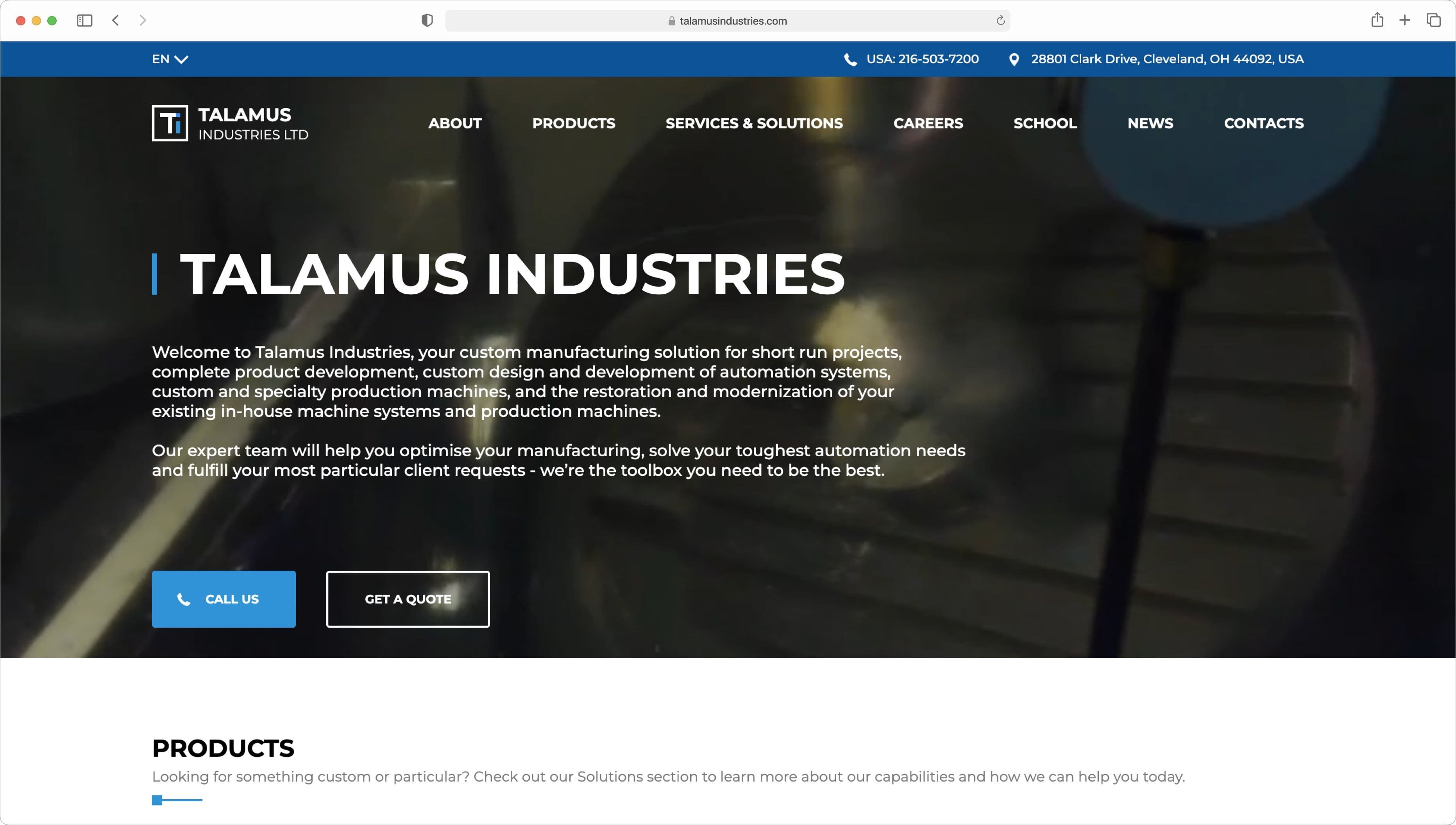 Talamus Industries — homepage of the manufacturing company portal with product and services navigation