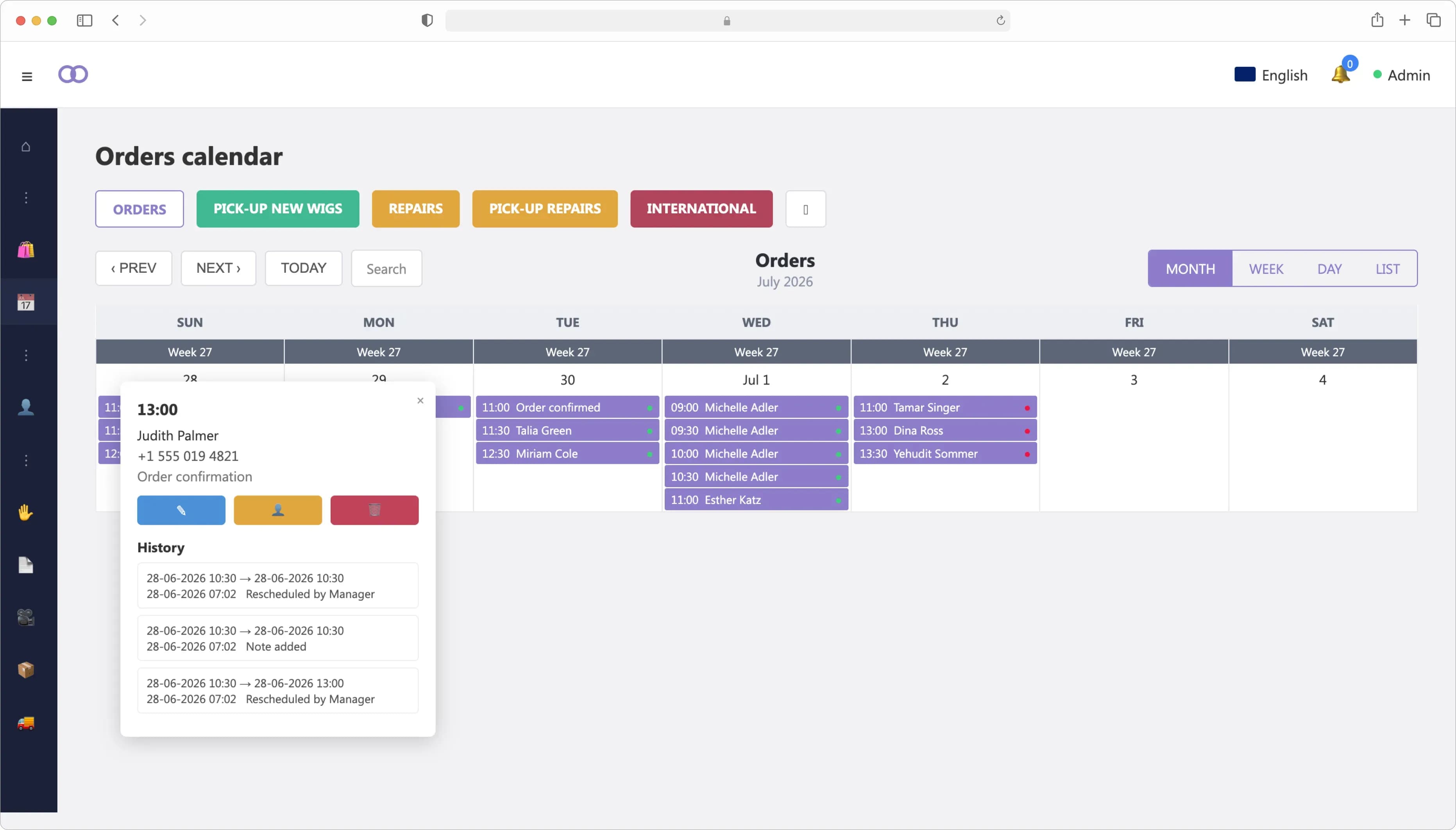 Wig Salon Management System — monthly orders calendar with appointment details and history